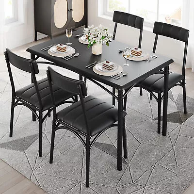 5Pc Dining Table Set W/Upholstered Chairs For 4 Kitchen Wood Dinette Table Black • $165.99