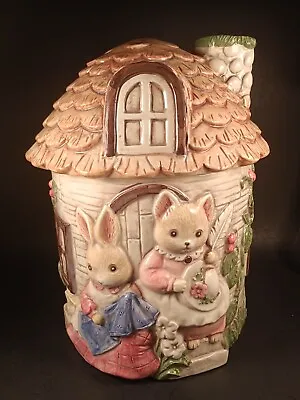 Vtg Takahashi 3D Storybook Animals Cottage Cookie Jar Rabbit Mouse Bear Birds... • $40