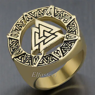 Valknut Scandinavn Odin Symbol Norse Viking Gold 316L Stainless Steel Men Ring • $9.99