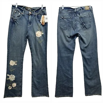 $74.88 • Buy Z Cavaricci Bootcut Denim Jeans Applique Lace Sequin Flowers Size 12 Vintage NOS