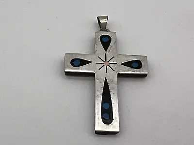 VNT Taxco 925 Sterling Silver Onyx & Turquoise Inlay Mexico Cross Pendant • $24.95