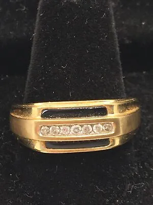 10K Yellow Gold Diamonds & Black Glass Inlay Men’s Band Ring 5.7gr. Size 10.5 • $760.79