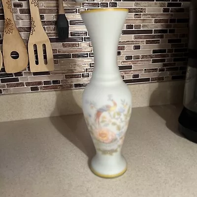 Antique Edwardian Mouth Blown Vase Peacock Motif Matte White W Pontil 9.7 In EXC • $16.50