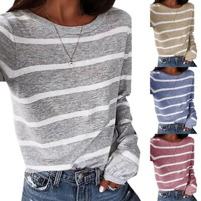 LADY Long Sleeve Striped T-Shirt Crew Neck Tops Loose Blouse Pullover Daily • £17.16
