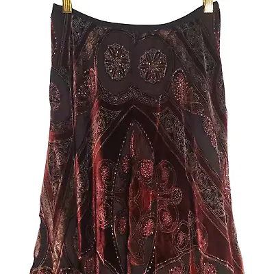 HARARI M Luxurious Silk Velvet Burnout Beaded Burgundy Black Full Skirt • $328