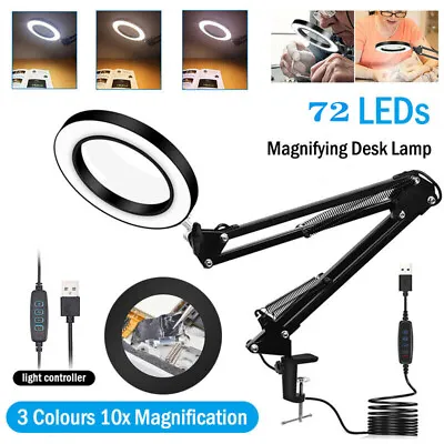 10X Magnifier Lamp Glass LED Desk Lamp Foldable Light Stand Clamp Beauty Mirror • £14.11