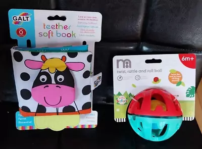 TWIST RATTLE & ROLL BALL  (Mothercare)   /   TEETHER SOFT BOOK  (Galt) • £4.50