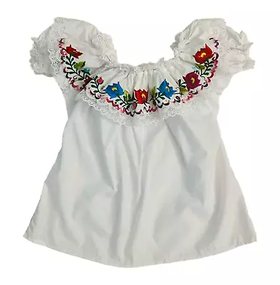 Mexican Hand Embroidered Blouse Lace Trim On Off Shoulder Multicolor Flowers S/M • $20