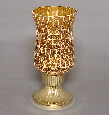 Candle Holder Brass Amber Mosaic Glass Shade  4 D X 9.5 Tall  FREE SHIPPING • $18.95