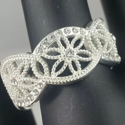 Vintage Silver Tone 1mm Clear Gemstone Flower Band Ring Size 8 • $16