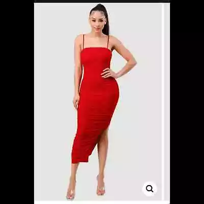 Privy Red Lux Ruched Mesh Layer Side Slit Midi Dress • $55