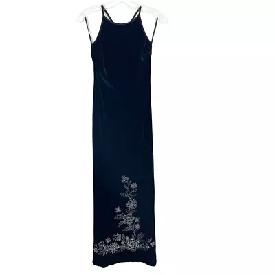 Vintage Y2K 90s Black Velvet Maxi Dress Floral Sparkle Made In USA - Size Large • $34.99