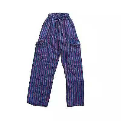 1990s Vintage Bright Pink Multicolor Striped High Waist Cotton Cargo Pants XS/S • $34.99
