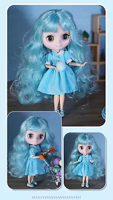 Blythe Doll Middie 8  BJD With Blue Summer Dress Shoes Wavy Hair Matte Face Toys • $56.52