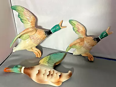 Retro Vintage Set Of 3 Pottery Flying Ducks Wall Birds Wall Plaques • £54.99