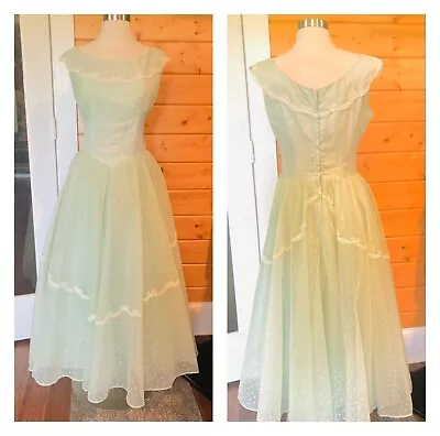 Vintage 1950s Green Flocked Party Dress Maxi Ball Gown Prom Dress Cupcake B 38 • $129.99