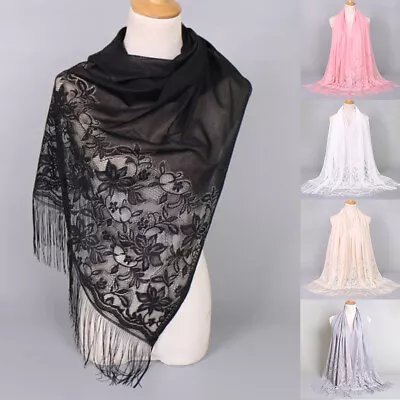 Lace Long Tassel Shawls Wraps Veil Head Scarf Elegant Pure Color Breathable Q • £5.39