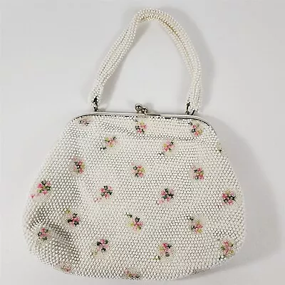 Vintage White Mesh Beaded Purse Kiss Clasp Double Pocket Pink Floral • $39.95