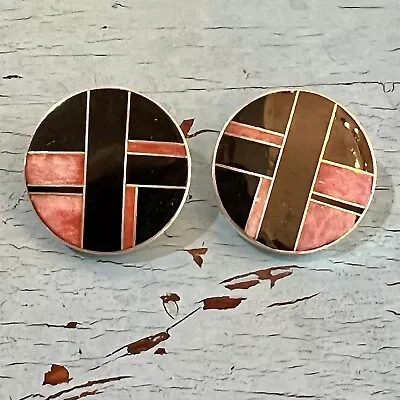 Vintage Ray Tracey Navajo Sterling Coral Onyx Inlay Earrings • $145