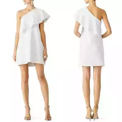 Milly One Shoulder Ruffle Flounce Shift Dress M Stretch Knit Mini Cocktail White • $9