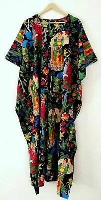 Indian Black Long Frida Kahlo Print Cotton Maxi Women Nightwear Caftan Dress • $22.55
