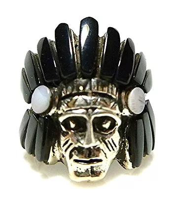 Mens Sterling Silver Biker Chief Indian Onyx Mop Mother Of Pearl Shield Ring • $105
