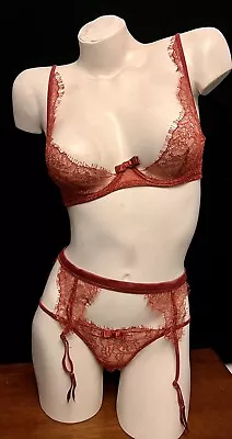 MAISON CLOSE Jardin Imperial Red & Gold Lace 3 Piece Lingerie Set RRP £200 • $123.32