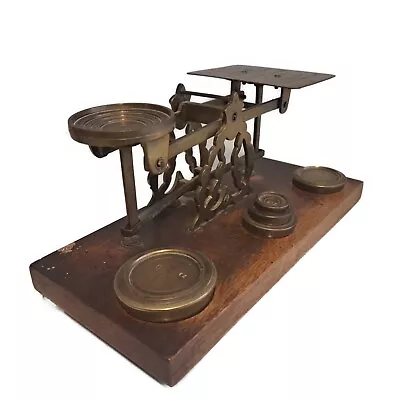£35 • Buy Vintage Brass Postal Scales With Weights On Wooden Base 