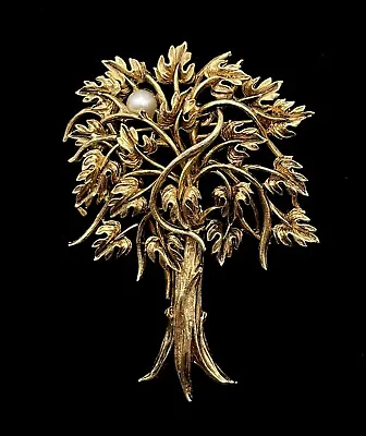 Vintage Gold Tone Maple Tree W Faux Pearl Pin Brooch • $12.99