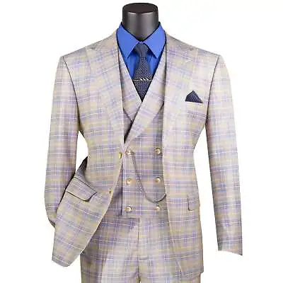 VINCI Men's Blue Plaid Peak Lapel 3 Piece 2 Button Modern Fit Suit NEW • $140