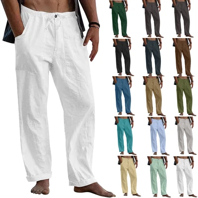 $16.99 • Buy Men's Cotton Linen Solid Trousers Yoga Beach Casual Elastic Waist Pants Pockets