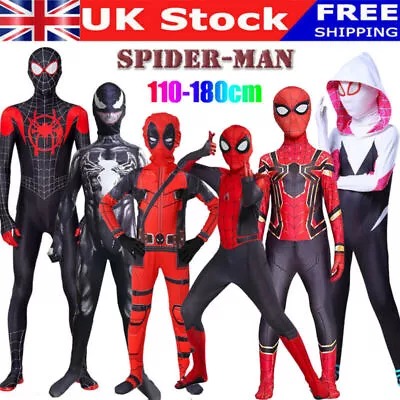 Superhero Spider-man Kids Boys Men Costume Miles Gwen Book Day Cosplay Jumpsuit • £13.30