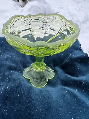 Vaseline Glass Art Nouveau Style Opalescent & Vaseline Pedestal Compote • $40