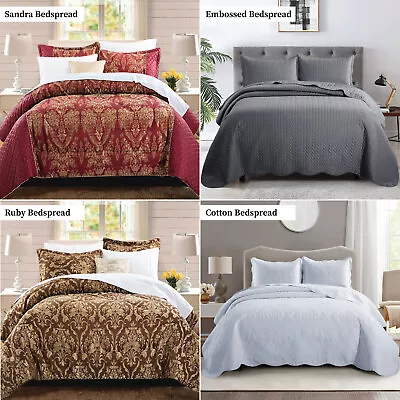 3 Piece Embossed Quilted Bedspread Throw Set Single Double King Super King Size • £42.99