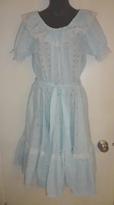 Vtg Light Blue Eyelet Square Dance Rockabilly Dress Ruffles Lace Tie Belt Sz L • $44.99