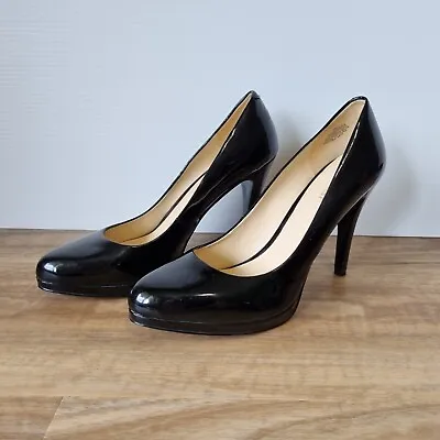 Nine West Heels Size 9M AU Black Patent Almond Toe Platform Front Stiletto • $34.95