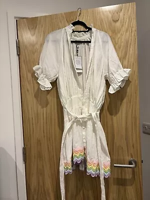 JULIET DUNN Linen Rainbow-ricrac Gathered Mini Dress Size S BNWT RRP£300 • £69