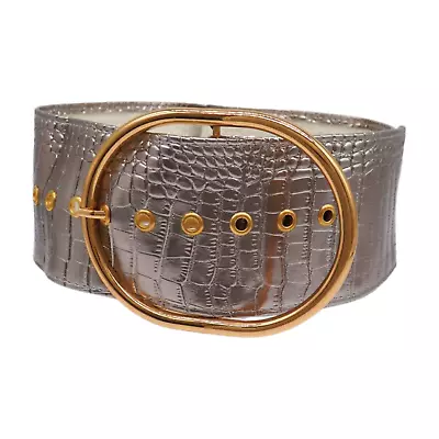 Women Wide Band Metallic Silver Chrome Color Hot Belt Gold Oval Metal Buckle S M • $16.95