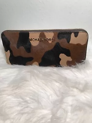 Michael Kors Brown MultiColor HairCalf Dyed Camouflage Zip Around Wallet • $99