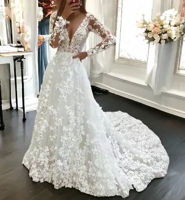 Bohemian Long Sleeves Wedding Dressess V Neck A Line Florals Bridal Gowns • $148.60