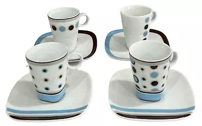 Maxwell Williams Set Of 4 Espresso Cups & Saucers White Blue Brown Porcelain VGC • £11