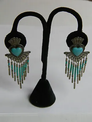 Quoc Turquoise Albuquerque QT Sterling Silver Heart Drop Dangle Stud Earrings • $159.99