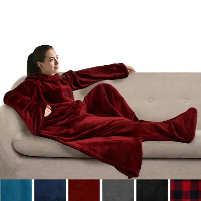 Fleece Wearable Blanket With Sleeves Foot Pocket Plush Microfiber TV Nap Gift • $25.99