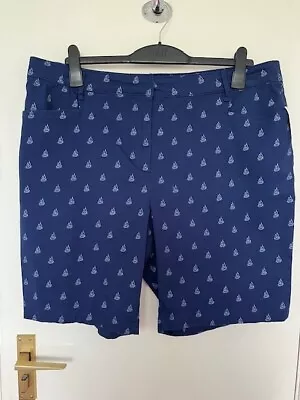 Womens Ladies Navy Blue Sail Boat Print Shorts -Cruise -Cotton Mix Size XL 18-20 • £9.95