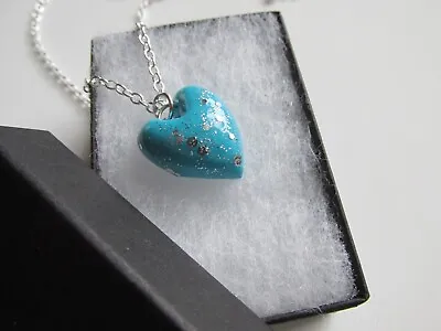 Handmade Unusual Unique Turquoise Blue & Silver Glitter Heart Pendant Necklace • £5.50
