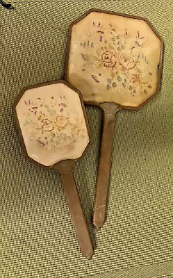 Vintage Hand Held Mirror And Brush Vanity Set - Brass Handles/embroidered Insets • $20