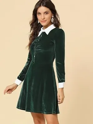 Allegra K Contrast Collar Half Placket A-Line Fit And Flare Velvet Dress Green M • £14.82
