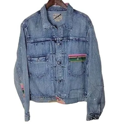 POLO Ralph Lauren Mens Size XL Denim Trucker Jacket Distress SERAPE Patchwork  • $99