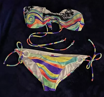 OP Ocean Pacific Beach Scene Multi Color 2 Pcs Bikini Sz S/CH 3-5 Top & Bottom • £21.17