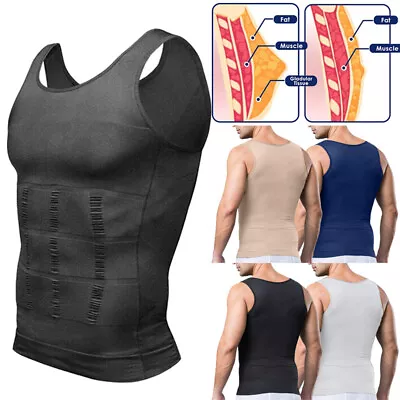 Mens Slimming Body Shaper Vest Shirt Chest Compression Muscle Tank Tummy Control • £14.79